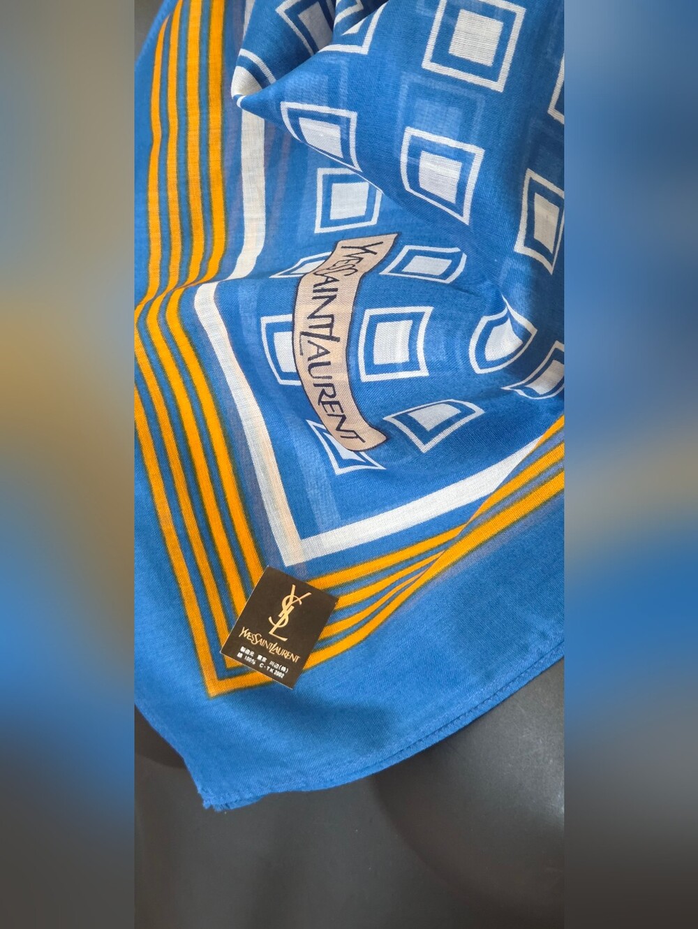 Yves Saint Laurent Blue and White Geometric Scarf with Gold Accents - Picture 11 of 12